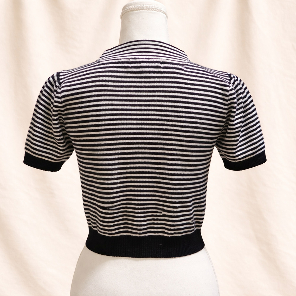 Threaded Leaf Striped Bow Sweater M Cropped Feminine Coquette Parisian Knit Twee - Picture 2 of 15